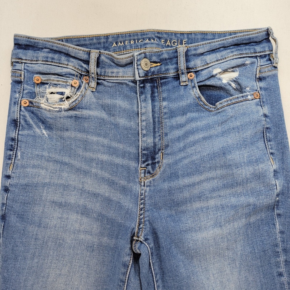 American Eagle Jeans Womens 4 Super High Rise Flare Raw Hem Stretch Ripped Denim - Picture 2 of 11